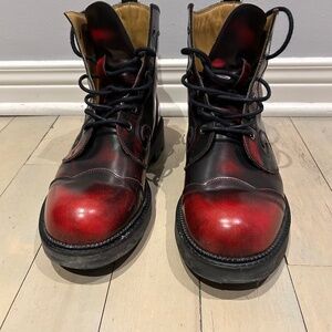 John Fluevog Derby Swirl Leather Boots - Red & Black Lace-up
